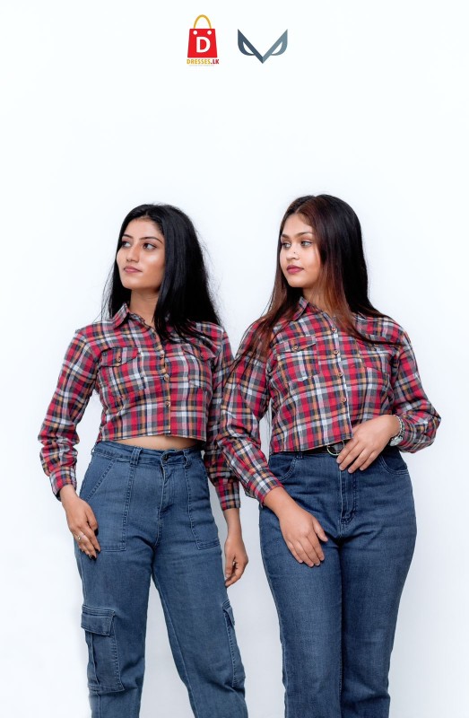 Ladies Check Long Sleeve Crop Top